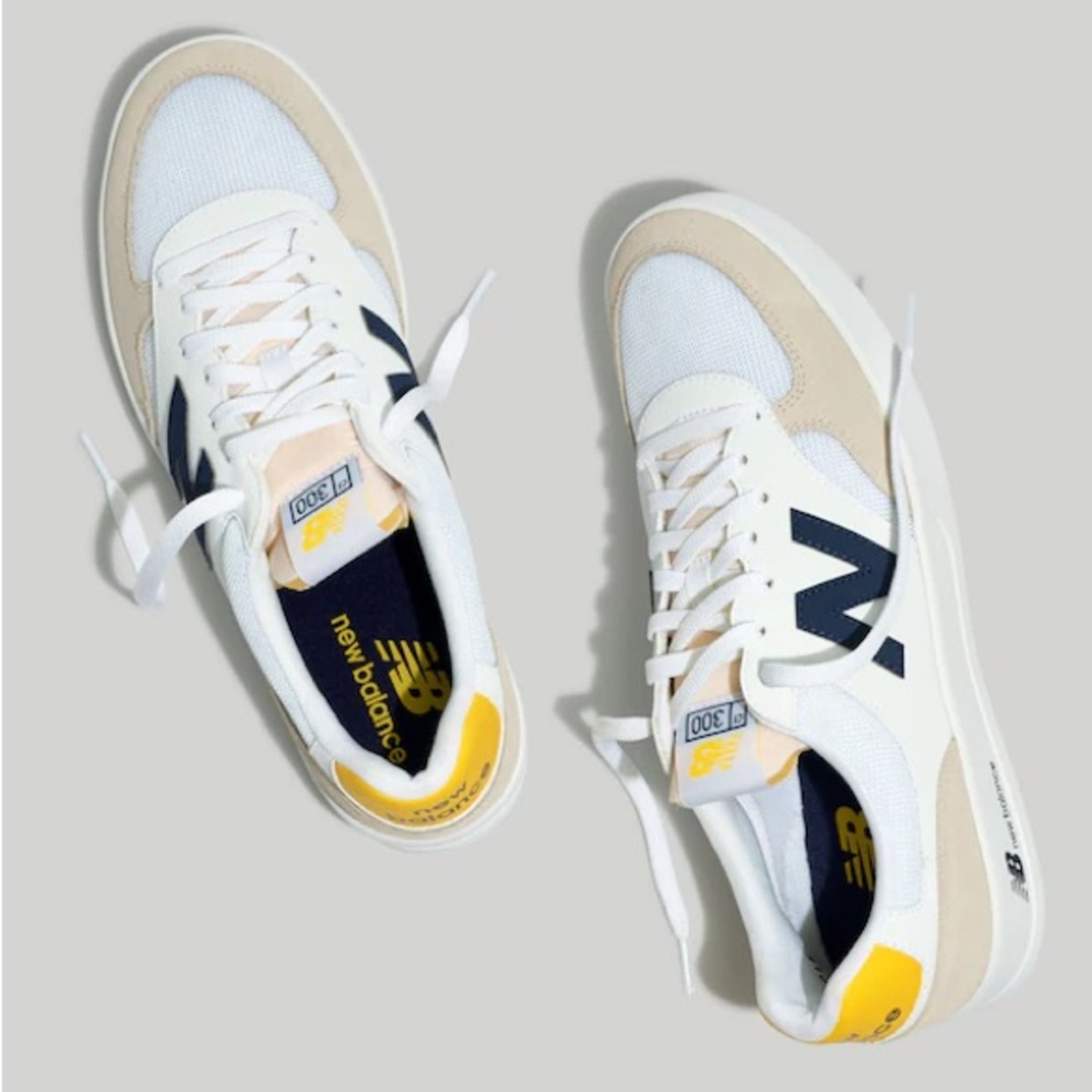 New Balance White, Tan, Yellow and Navy Sneakers